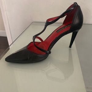 Charles Jourdan heels, Paris stilettos, black with patent leather accents